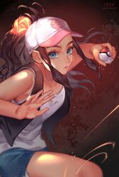  antenna_hair bad_id bad_twitter_id baseball_cap blue_eyes brown_hair eyelashes female hands_up hat highres hilda_(pokemon) holding holding_poke_ball leg_up long_hair looking_at_viewer open_clothes open_vest poke_ball poke_ball_(basic) pokemon pokemon_bw ponytail raga shirt shorts sidelocks sleeveless sleeveless_shirt solo two-tone_headwear vest watermark white_shirt 