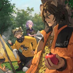  3boys :d animal_ears animal_print apple bad_link black_shorts boots brown_hair campfire chorefuji closed_eyes cooking dark-skinned_male dark_skin epel_felmier fingernails fire food fruit grass green_eyes hand_on_own_hip holding holding_food holding_fruit jacket jewelry kneeling leggings leona_kingscholar leopard_print long_sleeves male_focus multiple_boys necklace night_raven_college_gym_uniform open_clothes open_jacket open_mouth orange_jacket outdoors purple_hair ruggie_bucchi shirt short_sleeves shorts sky smile stick teeth tent tied_hair tree twisted_wonderland visor_cap yellow_shirt 