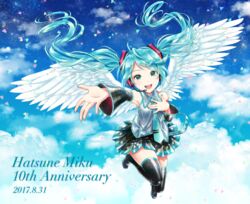  2017 :d angel_wings anniversary black_footwear black_skirt black_sleeves blue_hair blue_necktie blue_sky boots character_name cloud commentary_request dated detached_sleeves dress_shirt feathered_wings female floating_hair full_body green_eyes grey_shirt hair_ornament hatsune_miku headphones headset highres kirita_asami long_hair long_sleeves looking_at_viewer microphone miniskirt necktie open_mouth outstretched_arm pleated_skirt shirt skirt sky sleeveless sleeveless_shirt smile solo sparkle thigh_boots thighhighs twintails very_long_hair vocaloid white_wings wings zettai_ryouiki 