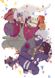  1boy 2boys akino_(naruto) bandage bisuke_(naruto) bull_(naruto) canine facial_mark fangs fingerless_gloves fishnets flak_jacket forehead_protector frog gamabunta gamakichi gamatatsu gloves guruko hatake_kakashi headband jiraiya kunai long_hair male male_focus mask md5_mismatch multiple_boys naruto ninja pack_of_dogs pakkun piercing sandals scroll shiba_(naruto) short_hair tongue uhei urushi_(naruto) weapon white_hair yuno_(mktmm) 