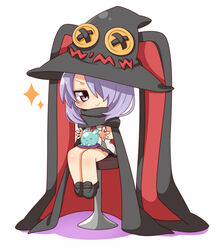  cape chibi commentary_request female hair_over_one_eye hat houkago_no_pleiades inuue_kiyu long_hair nanako_(houkago_no_pleiades) pleiadean purple_eyes purple_hair stool witch_hat 