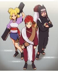  2boys blonde_hair brother_and_sister brothers character_name crossed_arms facepaint facial_mark fan female fingerless_gloves fishnet_shirt forehead_protector gaara gloves gourd hand_on_hip hat kankuro layered_clothes multiple_boys naruto quad_tails quadtails red_hair sandals sash shueisha siblings skirt teeth temari trio 