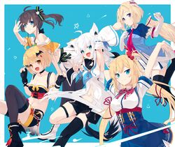  1st_generation_(hololive) 5girls absurdres ahoge akai_haato akai_haato_(1st_costume) aki_rosenthal aki_rosenthal_(1st_costume) animal_ears animal_print ankle_boots aqua_eyes arms_at_sides bare_shoulders bat_hair_ornament bat_print belt black_camisole black_choker black_footwear black_pantyhose black_ribbon black_skirt black_thighhighs blonde_hair blue_background blue_jacket blue_shirt blue_skirt blush bob_cut boots bow bracelet braid breasts brown_footwear brown_hair camisole cat_hair_ornament choker cleavage closed_mouth collarbone collared_dress collared_shirt crop_top cropped_jacket cross-laced_clothes detached_hair detached_sleeves dress elbow_gloves empire_waist extra_ears fingernails fold-over_boots footwear_bow fox_ears fox_girl fox_shadow_puppet fox_tail frills front_slit full_body gloves gold_trim green_eyes green_ribbons hair_between_eyes hair_ornament hair_ribbon hairclip halterneck headgear heart heart_hair_ornament heart_print hexagram high-waist_skirt high_belt highres hololive jacket jewelry large_breasts loafers long_hair low_ponytail low_twintails medium_hair midriff_peek miniskirt multiple_girls nagishiro_mito nail_polish natsuiro_matsuri natsuiro_matsuri_(1st_costume) navel neck_ribbon necktie oerba_yun_fang off-shoulder_jacket off_shoulder one_side_up orange_eyes orange_jacket overskirt pantyhose parted_bangs pink_bow pink_nails pinstripe_camisole pinstripe_pattern pleated_dress pleated_skirt pocket print_belt print_skirt purple_eyes purple_skirt red_belt red_nails red_necktie red_ribbon revealing_clothes ribbon see-through see-through_skirt see-through_sleeves sharp_fingernails shirakami_fubuki shirakami_fubuki_(1st_costume) shirt shoes short_dress short_hair short_sleeves shorts shrug_(clothing) side_braid side_ponytail side_slit simple_background single_thighhigh skin_fang skindentation skirt small_breasts smile spaghetti_strap strapless striped tail taut_clothes taut_shirt thigh_boots thigh_strap thighhighs twintails two-tone_dress underbust vampire very_long_hair virtual_youtuber white_dress white_footwear white_gloves white_hair white_shirt white_skirt yellow_sleeves yozora_mel yozora_mel_(2nd_costume) zettai_ryouiki 