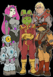  1_eye 2023 4_arms aged_up anatid anseriform anthro armor avian beak biped bird black_background black_bodysuit black_clothing black_skinsuit blinky_(bucky_o&#039;hare) blonde_hair blue_eyes bodysuit boots breasts brown_eyes buckteeth bucky_o&#039;hare bucky_o&#039;hare_(series) cape circlet clothed clothing coyotek crossed_arms deadeye_duck domestic_cat duck english_text eye_patch eyebrows eyewear eyewear_on_head felid feline felis female floppy_ears footwear front_view full-length_portrait gem glasses goggles goggles_on_head green_body green_eyes grey_body group gun gun_holster hair handwear hat headgear headwear hi_res human jenny_(bucky_o&#039;hare) lagomorph leporid long_hair looking_at_viewer machine male mammal military_uniform missing_eye multi_arm multi_limb pink_hair portrait rabbit ranged_weapon robot round_glasses simple_background skinsuit standing tan_boots tan_clothing tan_footwear tan_gloves tan_handwear teeth text tight_clothing topwear uniform vest weapon willy_duwitt 