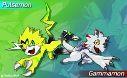  anthro bandai_namco bandana chibi claws digimon digimon_(species) digimon_ghost_game duo gammamon green_eyes hi_res horn kerchief male pulsemon thenavwolf white_body yellow_body yellow_eyes 