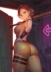  absurdres ass ass_peek bare_shoulders baseball_bat belt breasts brown_hair cait_(fallout_4) fallout_(series) fallout_4 female green_eyes highres holding holding_weapon large_breasts looking_at_viewer looking_back nail nail_bat over_shoulder pants short_hair sideboob skin_tight suerte thighs torn_clothes torn_pants vest weapon weapon_over_shoulder 