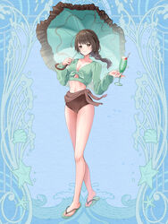  aqua_umbrella blue_background braid braided_ponytail breasts brown_eyes brown_hair brown_umbrella champagne_flute cherry cleavage crop_top cup dairoku_ryouhei drink drinking_glass female flip-flops food fruit full_body highres holding holding_cup ice ice_cube long_hair looking_at_viewer medium_breasts navel parasol sandals smile solo spoon standing two-tone_umbrella umbrella yoshiki1020 