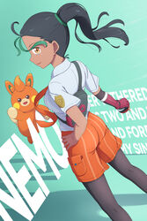  absurdres backpack bag black_hair commentary_request dark-skinned_female dark_skin female gloves green_background green_hair hair_pulled_back hand_on_own_hip highres holding holding_poke_ball long_hair multicolored_hair naranja_academy_(emblem) naranja_academy_school_uniform nemona_(pokemon) orange_shorts pantyhose pawmi poke_ball poke_ball_(basic) pokemon pokemon_(creature) pokemon_sv ponytail red_gloves scarletsky school_uniform shirt short_sleeves shorts single_glove smile streaked_hair wedgie 