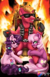  2021 accessory big_macintosh_(mlp) blonde_hair bottomless chair cheerilee_(mlp) cigar cigar_in_mouth clenched_teeth clothed clothing cosplay cutie_mark digital_media_(artwork) duke_nukem duke_nukem_(series) equid equine eyewear female fire fire_background friendship_is_magic fur furniture green_eyes group hair hair_accessory hasbro horn horse inkkey-studios leg_grab male male/female mammal mohawk my_little_pony mythological_creature mythological_equine mythology nude object_in_mouth pink_hair pony purple_body purple_eyes purple_fur purple_hair red_body red_clothing red_fur red_shirt red_tank_top red_topwear shirt signature sitting smile sugar_belle_(mlp) sunglasses tank_top teeth throne topwear unicorn 