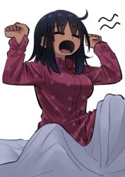  absurdres ahoge closed_eyes commentary_request dark-skinned_female dark_skin female hands_up highres kanke_(kank06020602) long_sleeves open_mouth original pajamas purple_shirt shirt simple_background solo tearing_up waking_up white_background yawning 