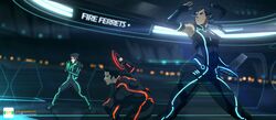  2boys avatar_legends bodysuit bolin caleb_thomas chakram commentary crossover elbow_gloves english_commentary female fingerless_gloves gloves korra mako_(avatar) multiple_boys neon_trim on_one_knee the_legend_of_korra tron tron:_legacy watermark weapon web_address 