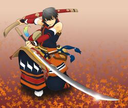  1boy autumn_leaves black_hair brown_eyes cigarette colorized commentary_request hair_between_eyes holding holding_sheath holding_sword holding_weapon monster_hunter_(series) nobutsuna sheath short_hair smile socks sword weapon white_socks yuca_(rascal) yukumo_(armor) 