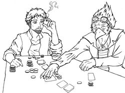  2016 5_fingers absurd_res alien anthro ashtray avian avian_(starbound) beak bird card card_game cigarette clothed clothing color_me digital_media_(artwork) duo eyewear fingers gambling gaming goggles hair hi_res human jewelry line_art maladash male mammal monochrome necklace poker_chip simple_background smoke smoking stack starbound unknown_artist 