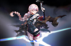  arm_up black_dress black_thighhighs blue_eyes braid braided_ponytail breasts cape chinese_commentary closed_mouth commentary_request dress dual_wielding female finger_on_trigger goggles goggles_around_neck gun handgun highres holding holding_gun holding_weapon honkai_(series) honkai_impact_3rd kallen_kaslana kallen_kaslana_(ritual_imayoh) long_hair medium_breasts pelvic_curtain rabbit_(tukenitian) single_braid single_thighhigh smoke smoking_barrel solo swept_bangs thighhighs thighs torn_clothes very_long_hair weapon white_hair 