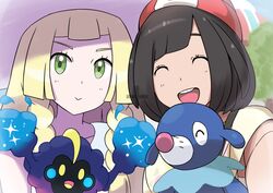  2girls :&gt; ^_^ armpit_peek artist_request beanie black_hair blonde_hair camera closed_eyes cosmog female_protagonist_(pokemon_sm) green_eyes happy hat highres lillie_(pokemon) multiple_girls open_mouth picture pokemon pokemon_(game) pokemon_sm popplio red_hat selfie shirt short_hair smile taking_picture teeth white_hat 