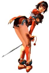  ass bent_over breasts chai_xianghua cleavage cleavage_cutout clothing_cutout detached_sleeves female from_behind hairband jian_(weapon) kawano_takuji medium_breasts official_art pommel_tassel short_shorts shorts solo soulcalibur soulcalibur_ii 