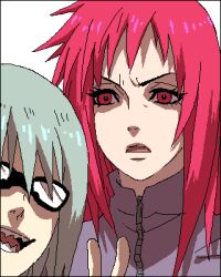  female glasses hoozuki_suigetsu houzuki_suigetsu hozuki_suigetsu karin_(naruto) lowres naruto naruto_shippuuden noro_(king) red_eyes red_hair upper_body v white_hair 