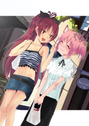  :d bad_id bad_pixiv_id banned_artist bare_shoulders belt casual closed_eyes collarbone kaname_madoka kawaguchi_yukihiro long_hair mahou_shoujo_madoka_magica midriff multiple_girls navel oerba_yun_fang open_mouth orange_eyes outside_border pink_hair ponytail red_hair sakura_kyouko short_hair skirt smile twintails v_arms walking 