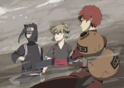  blonde_hair facial_mark fan fingerless_gloves forehead_protector gaara gloves gourd hachie_(aaakaaa) japanese_clothes kankuro naruto quad_tails red_hair short_hair temari wind 