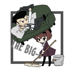  1boy android black_hair bob_cut brown_hair cleaning copyright_name couch cup dress female hairband r_dorothy_wayneright roger_smith short_hair simple_background suspenders sweatdrop teacup the_big_o white_background 