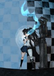  black_rock_shooter black_rock_shooter_(character) black_shorts blue_eyes boots checkered_wall commentary_request female flaming_eye gun highres kuroi_mato no_shirt scar school_uniform shorts skirt socks solo split_theme standing star_(symbol) tibatiba twintails uneven_twintails weapon 