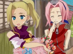  2girls blonde_hair blue_eyes closed_eyes earrings flower ino_yamanaka jewelry multiple_girls naruto open_mouth pink_hair ponytail sakura_haruno smile sweat yokige 