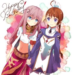  2girls ahoge arika_yumemiya blue_eyes blush braid brown_hair commentary_request crop_top dress flat_chest happy_birthday holding_hands long_hair maromi_(am97) mashiro_blan_de_windbloom meister_otome_uniform midriff multiple_girls my-otome navel purple_hair scarf smile strapless tube_top twin_braids twintails 