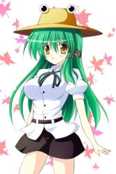  aqua_hair breasts commentary_request cosplay dress_shirt female green_hair hair_ribbon hat kochiya_sanae leaf leaf_background long_hair looking_at_viewer medium_breasts moriya_suwako moriya_suwako_(cosplay) open_mouth osashin_(osada) ribbon shameimaru_aya shameimaru_aya_(cosplay) shirt skirt solo touhou yellow_eyes 