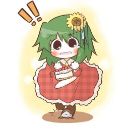  ! !! ascot bad_id bad_pixiv_id blush cake dress female flower food fruit green_hair hair_flower hair_ornament kazami_yuuka plaid plaid_dress red_eyes rock solo south114 strawberry sunflower sweatdrop tears touhou tripping unmoving_pattern 