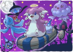  audino blue_fire chandelure cofagrigus fire frillish frillish_(male) full_moon ghost halo jellicent jellicent_(female) lampent litwick moon no_humans pokemoa pokemon pokemon_(creature) star_(symbol) victini yamask 