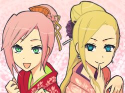  2girls :d blue_eyes earrings flower green_eyes hair_flower hair_ornament ino_yamanaka jewelry long_hair multiple_girls naruto open_mouth sakura_haruno smile yokige 