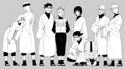  back flak_jacket i_(kaiyou) leaning_forward monochrome naruto pig sakura_haruno shizune_(naruto) smile squatting standing tonton tonton_(naruto) vest 