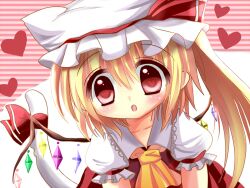  animal_ears ascot blonde_hair blush cat_ears cat_tail chibi commentary_request dress female flandre_scarlet hane. hat hat_with_ears heart heart-shaped_pupils kemonomimi_mode open_mouth red_dress red_eyes ribbon shirt side_ponytail solo symbol-shaped_pupils tail tail_ornament tail_ribbon touhou wings 