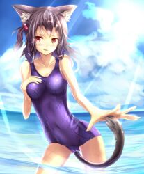  absurdres animal_ears ass_visible_through_thighs between_legs black_hair blush breast_suppress breasts cameltoe cat_ears cloud commentary_request covered_navel cowboy_shot day female hair_bobbles hair_ornament highres light_rays long_hair looking_at_viewer medium_breasts ocean oerba_yun_fang one-piece_swimsuit open_hand original outdoors red_eyes sakura_ani school_swimsuit shiny_clothes sky smirk solo standing sunbeam sunlight swimsuit tail tail_between_legs wading water wet wet_clothes 