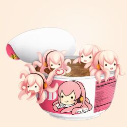  bad_id bad_pixiv_id cup_ramen food food_focus kamaboko len|arc megurine_luka narutomaki no_humans noodles smile takoluka vocaloid 