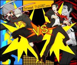  2boys adachi_tooru black_hair braid commentary_request crossdressing dress grey_eyes grey_hair gun handgun jacket katana long_skirt magi12 multiple_boys narukami_yuu necktie open_clothes open_jacket persona persona_4 persona_4:_the_ultimate_in_mayonaka_arena red_eyes skirt sword vs weapon 