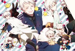  1boy :3 aged_down animal animalization arm_up ascot axis_powers_hetalia bad_id bad_pixiv_id bird blush boots chibi chick cloak cross cross-laced_footwear feline female genderswap_(mtf) gloves grey_hair guttary happy iron_cross jacket jumping left-handed lolicon long_hair looking_back miniskirt multiple_persona necktie open_mouth outline pants peeking_out potato prussia_(hetalia) prussia_(nekotalia) rabbit rapier red_eyes ribbon rule_63 scar scratches shaded_face skirt sparkle striped striped_background sword tail teardrop teeth uniform v weapon 