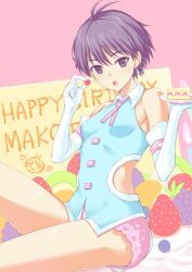  antenna_hair bare_shoulders blush cake commentary_request cute_&amp;_girly_(idolmaster) earrings elbow_gloves female food fruit gloves happy_birthday holding holding_food holding_fruit idolmaster idolmaster_(classic) jewelry kikuchi_makoto kisugi_akira kiwi_(fruit) open_mouth purple_eyes purple_hair raspberry ribbon short_hair shorts solo strawberry 