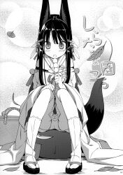  :d absurdres animal_ears bell blush dango eating female flower food fox_ears fox_tail greyscale hair_flower hair_ornament highres japanese_clothes kuroino_(poco) kuromitsu_nene leaf long_hair monochrome oerba_yun_fang open_mouth original panties pantyshot poco_(asahi_age) scan sitting smile socks solo tabi tail underwear wagashi 