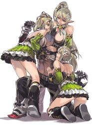  1boy 3girls aoin black_pants blonde_hair boots breast_press breasts claws cleavage detached_sleeves drooling elf elsword flower frilled_skirt frills green_sleeves hair_flower hair_ornament hair_ribbon knee_boots kneeling lily_(flower) long_hair medium_breasts multiple_girls multiple_persona o_o over_taker_(elsword) pants photoshop_(medium) pointy_ears raven_cronwell rena_erindel ribbon side_ponytail skirt turn_pale white_background wind_sneaker_(elsword) yellow_eyes 