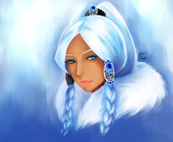  avatar_the_last_airbender blue blue_eyes body_piercing braids earrings jewelry long_hair smile solo white_hair yue 