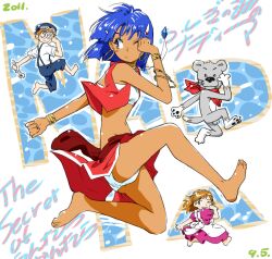  1boy 2girls bare_shoulders barefoot blue_eyes blue_hair bob_cut bracelet commentary_request dancing dark-skinned_female dark_skin earrings feet fushigi_no_umi_no_nadia glasses goggles green_eyes hair_ornament hairband hairclip hat iro_(waterloafer) jean_roque_lartigue jewelry king_(nadia) lion marie_en_carlsberg midriff multiple_girls nadia_la_arwall neck_ring necklace one_eye_closed panties pantyshot pelvic_curtain running scarf short_hair underwear 