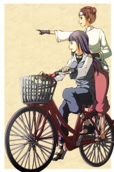  2girls bicycle black_hair brown_hair double_bun fingerless_gloves forehead_protector gloves harukaka hyuuga_hinata long_hair multiple_girls naruto pointing tenten 