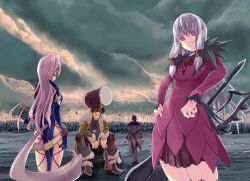  2boys 2girls agria_(tales) cloud commentary_request dress gloves grin hammer jiao_(tales) long_hair multiple_boys multiple_girls presa_(tales) red_eyes sakurazaka_yuu shiny_skin silver_hair sitting skin_tight smile tail tales_of_(series) tales_of_xillia wingul_(tales) 