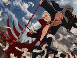  2boys akatsuki_(naruto) green_eyes hidan jewelry kakuzu luke_(artist) luke_uehara multiple_boys naruto naruto_shippuuden necklace red_eyes scythe weapon white_hair 