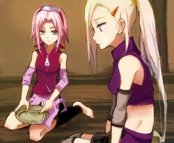  2girls blonde_hair blue_eyes earrings fishnets green_eyes hair_ornament hairclip ino_yamanaka jewelry kneeling long_hair multiple_girls naruto pink_hair ponytail sakura_haruno yokige 