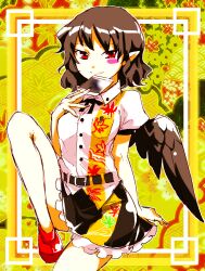  belt bird_wings black_hair black_wings blush blush_stickers border buttons chamaruk commentary_request dress_shirt female fingernails holding holding_photo leaf_print leg_up looking_at_viewer no_headwear no_socks panties pantyshot patterned_background photo_(object) pointy_ears polaroid red_eyes shameimaru_aya shirt short_hair sitting skirt smile solo touhou underwear wings 