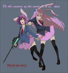  2girls animal_ears bifrst black_legwear blood commentary_request crazy_eyes english_text engrish_text gun holding holding_syringe koishi_komeiji&#039;s_heart-throbbing_adventure light_purple_hair long_hair miniskirt multiple_girls necktie open_mouth rabbit rabbit_ears ranguage red_eyes red_necktie reisen_(touhou_bougetsushou) reisen_udongein_inaba rifle shoes short_hair skirt spoilers surprised syringe thighhighs time_warp_rifle touhou very_long_hair weapon 