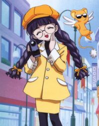  ^_^ bangs camcorder camera card_captor_sakura daidouji_tomoyo disguise glasses hand_on_cheek kero kero-chan lamppost lolicon long_hair looking_at_viewer official_art open_mouth outdoors pencil_skirt skirt street sunglasses twin_braids 