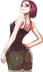  ass bad_id bad_pixiv_id bare_shoulders brown_eyes brown_shorts female from_behind glasses hand_on_own_hip kamisama_dolls karahari_kuuko looking_back photoshop_(medium) pink_hair short_hair shorts simple_background solo tank_top tea_(nakenashi) 